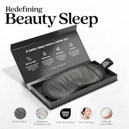 Pure Silk Sleep Mask [100% 6A Mulberry Silk, 22 Momme] Light Blocking Travel Essentials. Eye Masks for Sleeping. Black Oeko-Tex Blindfold. Eye Covers for Men & Women - color: Charcoal Grey