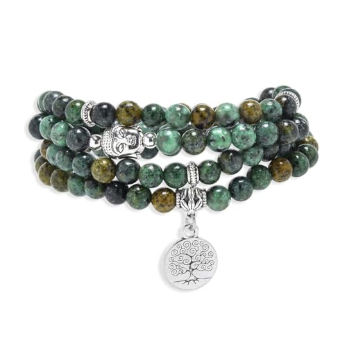 Tree of Life Charm Bracelet or Necklace - 108 Buddha Beads, Handmade Mala Meditation Jewelry, Prayer Beads for Yoga - style: African Turquoise