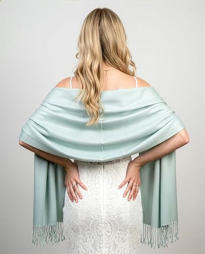 Achillea Lightweight Pashmina Scarf for Women – Soft Silky Shawl Wrap for Evening Dresses, Bridesmaids & Everyday Wear - color: Pale Teal