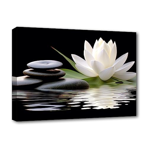 LZIMU Zen Canvas Wall Art White Lotus and Black Zen Stones Bloom in Water Picture Prints for Yoga Spa Meditation Spiritual Room Bathroom Decor (Zen-1, 16"x24") - color: Zen-1, size: 16"L x 24"W