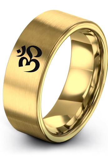 Yoga Om Symbol Ring - Gift for Meditation Fan - Personalized Custom Engraving - Anniversary Wedding - 8mm - Band - Brushed Polished - Tungsten - Flat Dome Bevel - Men Women - Yellow Rose Gold Silver - color: 15 - Yellow Gold Tungsten
