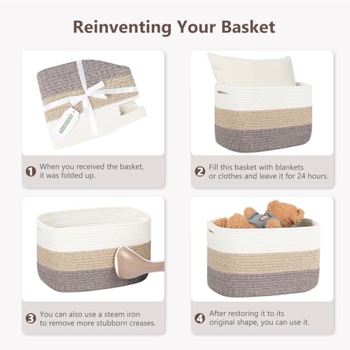 ECDYQXVU Cotton Rope Basket, Storage Baskets with Handle, 15x10x9 Inch Woven Basket for Shelves, Laundry, Towels, Clothes, Books (White Brown 1 Pack)