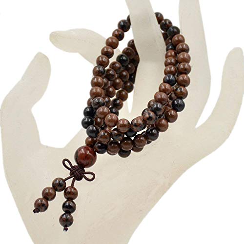 AD Beads 6mm Natural Healing Gemstones Buddhist 108 Prayer Mala Stretchy Bracelet Necklace - color: Mahogany Obsidian