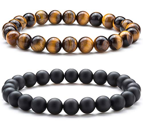 Men Women 8mm Natural Stone Lava Rock Diffuser Bracelet Elastic Yoga Agate Beads Bracelet Bangle - color: Set 3