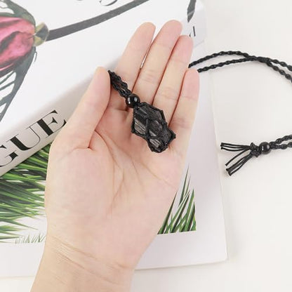 Natural unprocessed crystal raw stone hand woven rope adjustable necklace pendant for both men and women - color: A-Tourmaline