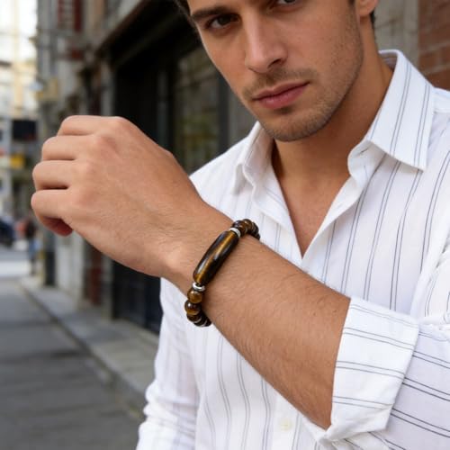 Kim Carrey Italian Tiger's Eye Mens Bracelet Stainless Steel Waterproof, Men's Bracelets Birthday Annivesary Gift for Him