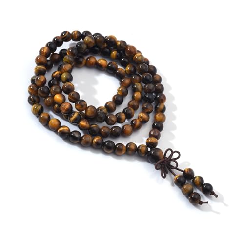 108 Mala Prayer Beads Bracelet 6mm Genuine Gemstone Healing Crystal Stone Beaded Bracelet Buddhist Tibetan Handmade Knotted Elastic Necklace for Yoga Meditation Unisex Women Men - color: Yellow Tiger Eye