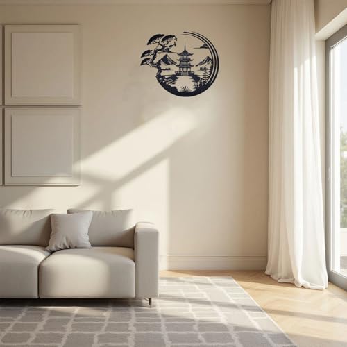 Japanese Bonsai Pagoda Metal Wall Art - Black Zen Asian Decor for Living Room, Bedroom & Office,lack Asian Inspired Wall Decor with Mountain and Tree Design, Wall Sculpture (11.8 x 9.8 Inches)