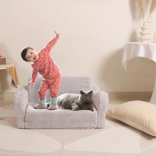 MOMCAYWEX Kids Sofa, 2-in-1 Flip-Out Foam Couch, Soft Play Lounge Chair for Toddlers and Children, Extra Wide, Grey - color: Grey, size: Large