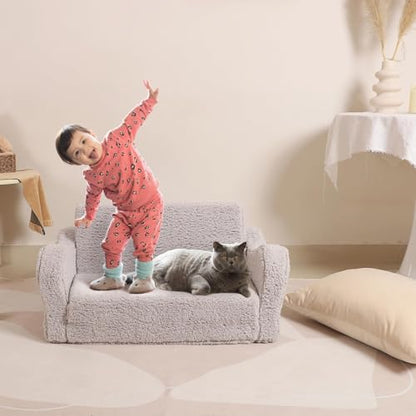 MOMCAYWEX Kids Sofa, 2-in-1 Flip-Out Foam Couch, Soft Play Lounge Chair for Toddlers and Children, Extra Wide, Grey - color: Grey, size: Large