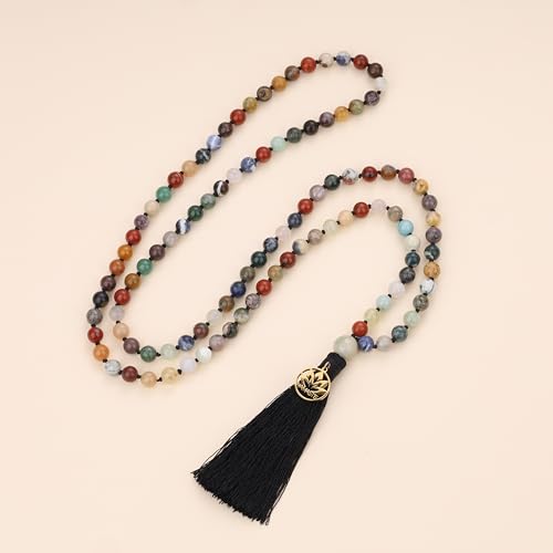 COAI Hand Knotted Tassel 108 Mala Beads Stone Beaded Necklace for Yoga Meditation - style: Multi-Color Stone