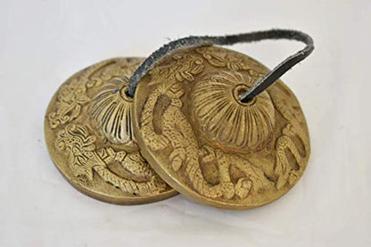 Tingsha/Tibetan Meditation Bell/Finger Cymbals with free Silk Case by Nepalese Handicraft Zone (2.8" Bronze Dragon)