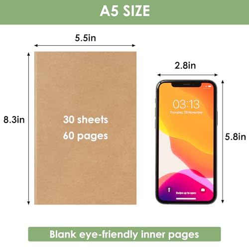LABUK 8 Pack Blank Kraft Notebooks Journals Notebook Sketch Drawing Pad Book Bulk for Kids Junk Journal, A5, 60 Pages, 8.3 x 5.5 inches