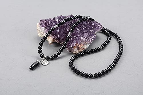 Jovivi 108 Mala Beads Bracelet 8mm Natural Amethyst Rose Quartz Healing Crystal Stone Mala Prayer Bead Necklace Hexagonal Prism Gemstone Reiki Pointed Pendant for Yoga Meditation Energy Balancing - color: Black Obsidian Crystal