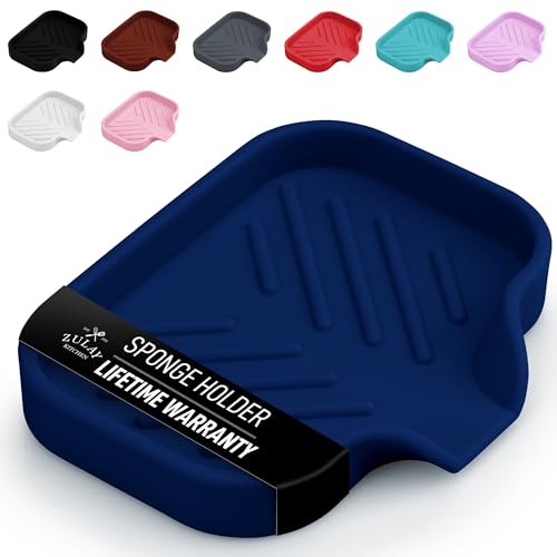 Zulay Kitchen Small Silicone Sponge Holder (4.9x3.3”) – Space-Saving Sink Organizer Tray for Sponge, Soap, Brush & More – Compact Non-Slip Dish for Kitchen & Bathroom (Dark Blue) - color: Dark Blue, size: Small (4.9x3.3)
