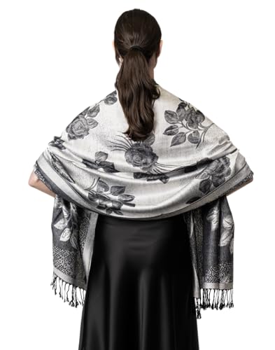 Achillea Reversible Paisley Pashmina Rave Scarf – Exotic Indian Shawls and Wraps for Evening Dresses, Festivals, All Seasons - color: Floral Silver Grey