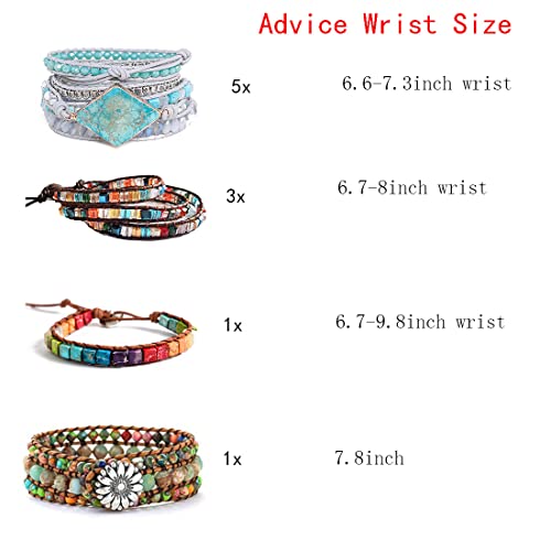 YGLINE Boho Handmade Natural Stone Bead 3 Row Wide Wrap Wrist Statment Bracelet Jewelry Collection - color: agate＆ turquoise