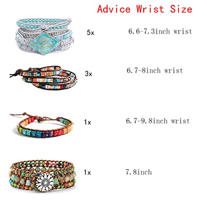 YGLINE Boho Handmade Natural Stone Bead 3 Row Wide Wrap Wrist Statment Bracelet Jewelry Collection - color: agate＆ turquoise