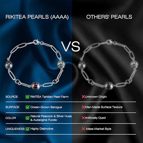 Genuine Tahitian Pearl Bracelet for Women - 3pcs 9-10mm Ocean-Grown Baroque Pearls, Wedding Anniversary Birthday Christmas Gift for Wife Mom Girlfriend Daughter Grandma, Length 6.2”+ 2” Extender