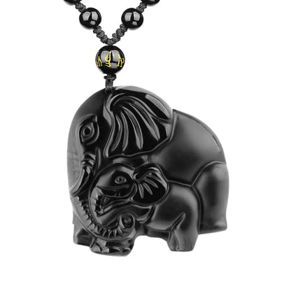 Black Obsidian Necklace Protection Pendant with Extended Bead Chain Healing Crystal Stone Amulet Necklace for Men Women - color: ElephantB