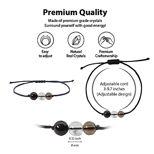 BOHO GARDEN Healing Bead Bracelets - Spiritual Crystal Beaded Bracelet - Made of 3 Real & Natural Gemstones, Adjustable 3-9.7” Black Rope - Gem Stones Jewelry for Men, Women, Teens (13+) - 8mm Bead - color: Protection
