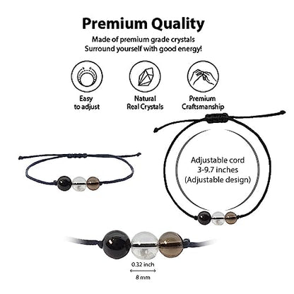 BOHO GARDEN Healing Bead Bracelets - Spiritual Crystal Beaded Bracelet - Made of 3 Real & Natural Gemstones, Adjustable 3-9.7” Black Rope - Gem Stones Jewelry for Men, Women, Teens (13+) - 8mm Bead - color: Protection