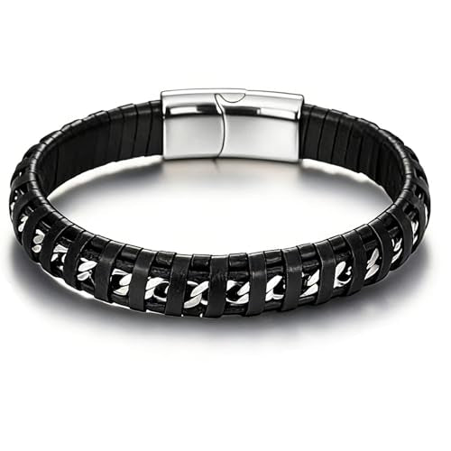 Men's Leather Bracelet, Stackable Stainless Steel Clasp Bracelets for Men Stylish Birthday, Thanksgiving, Valentine's Day Gift for My Man - style: 8.6" Embedded Cuban Chain