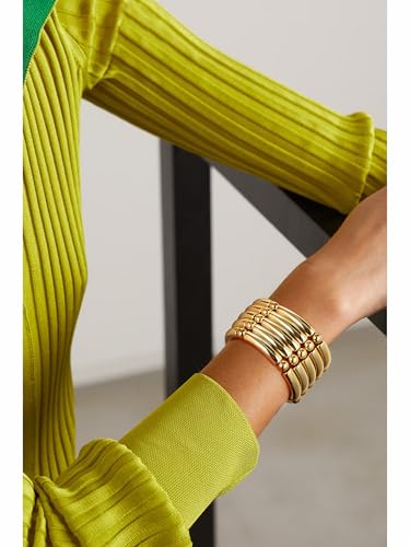 Gold Chunky Bangles Bracelets For Women 14k Gold Plated Stack Layered Curved Bamboo Tube Stretch Bracelets Gift Jewelry - color: 5pcs Gold-8mm