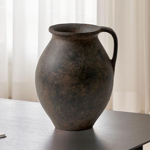 LB2 Brown Ceramic Large Vase, 11.2" Tall Zen Style Vase, Terra Cotta Pitcher, Distressed Farmhouse Decor, Pottery Decorative Flower for Home Decor (D - Brown 11.2") - color: D - Brown 11.2"