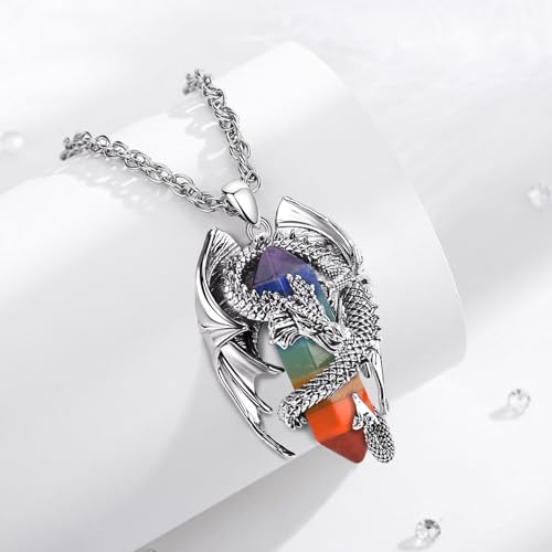 INFUSEU Unique Dragon Necklaces with Healing Crystal Stone for Men Women, Personalized Spiritual Gifts, 24 Inch Chain - color: Chakra