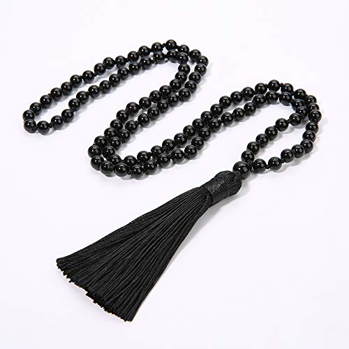8MM Beads Chakra Long Mala Necklace Natural Stone Meditation Statement Necklace Japa Yoga Buddhist Rosary Prayer Charm Beaded Tassel Necklace - color: Black Agate