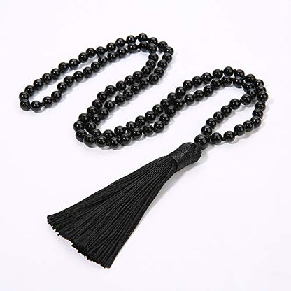 8MM Beads Chakra Long Mala Necklace Natural Stone Meditation Statement Necklace Japa Yoga Buddhist Rosary Prayer Charm Beaded Tassel Necklace - color: Black Agate