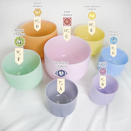 Hye-eun 432hz Crystal Singing Bowl Set of 7pcs Light Color Frosted Quartz Chakra Sound Bowl with 2 Pcs Carry Case Bag for Cleansing Stress Relief- Spiritual Mindfulness - color: 6-12 Inch 432hz Light Color 7pcs
