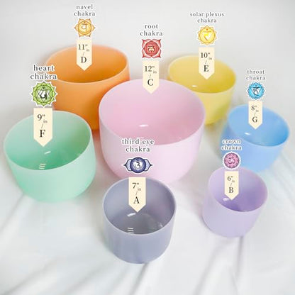 Hye-eun 432hz Crystal Singing Bowl Set of 7pcs Light Color Frosted Quartz Chakra Sound Bowl with 2 Pcs Carry Case Bag for Cleansing Stress Relief- Spiritual Mindfulness - color: 6-12 Inch 432hz Light Color 7pcs