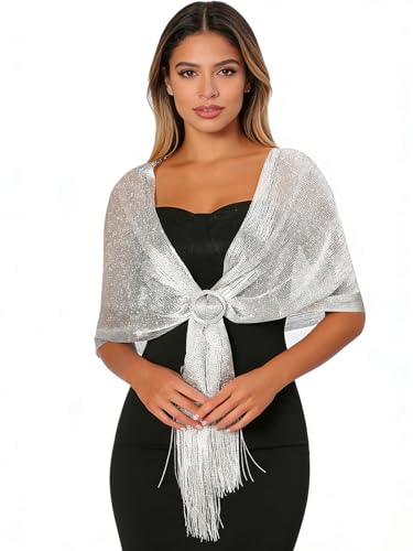 Sumolux Shawls Wraps for Evening Dresses Metallic Glitter Shawls Scarf for Women Sparkling Wedding with Free Buckle - color: Silvery
