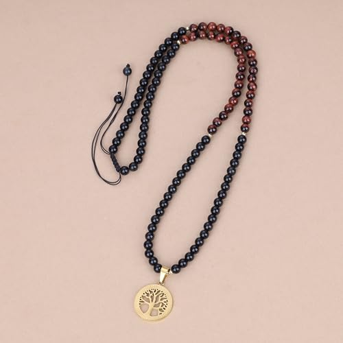 COAI Tree of Life Necklace 108 Mala Beads, Women's Men's Beaded Necklace, Japa Mala for Yoga Meditation 6mm - style: Obsidian & Red Tiger Eye