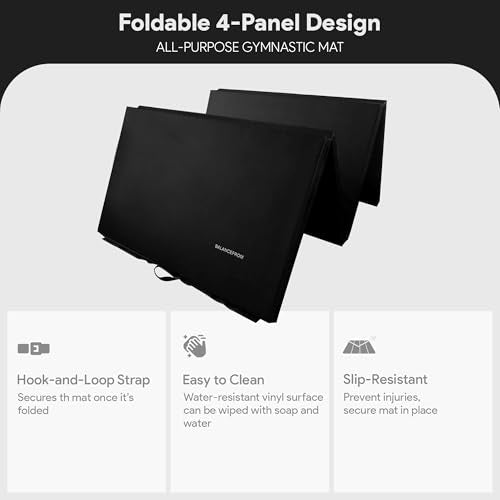 BalanceFrom 10x4 Feet 4-Panel Folding Gymnastics Mat – 2-Inch Thick Pad with Vinyl Surface and Carrying Handles for Tumbling, Yoga, Pilates, Home Workouts, and Martial Arts - color: Black