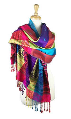 PASKMLNA Double Side Multi Colors Silky Tropical Colorful Exotic Pashmina Wrap Shawl Scarf Rave - color: #7turquoise Blue