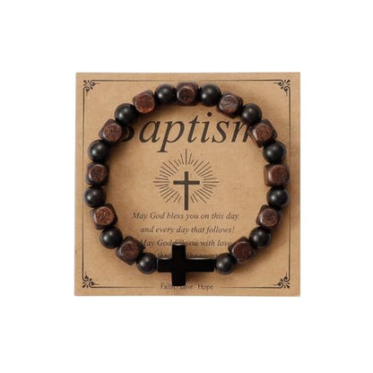 MILAKOO Wooden Bracelet with Black Stainless Steel Cross Charms Bead Christian Gifts for Women Men - color: B2