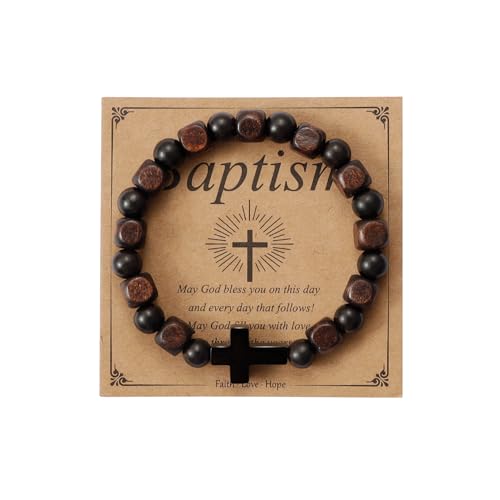 MILAKOO Wooden Bracelet with Black Stainless Steel Cross Charms Bead Christian Gifts for Women Men - color: B2
