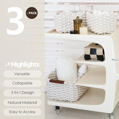 Sea Team 3-Pack Rectangle Woven Cotton Rope Storage Baskets with Handles, Shelf Basket, Closet Organizers, 3-in-1, White