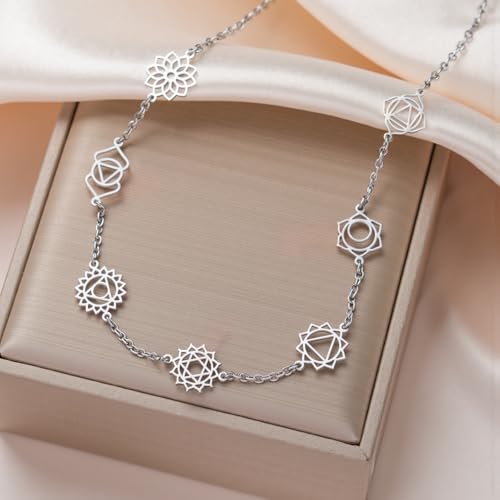 TEAMER 7 Chakras Yoga Charm Necklace Stainless Steel Adjustable Rhinestone Necklace Spiritual Meditation Inspirational Jewelry For Women