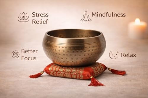 Tibetan Singing Bowl Set with Cushion & Mallet – Handmade Meditation Sound Bowl for Yoga, Healing, Mindfulness & Chakra Balancing (Brass, 5 Inch)