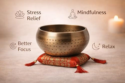 Tibetan Singing Bowl Set with Cushion & Mallet – Handmade Meditation Sound Bowl for Yoga, Healing, Mindfulness & Chakra Balancing (Brass, 5 Inch)