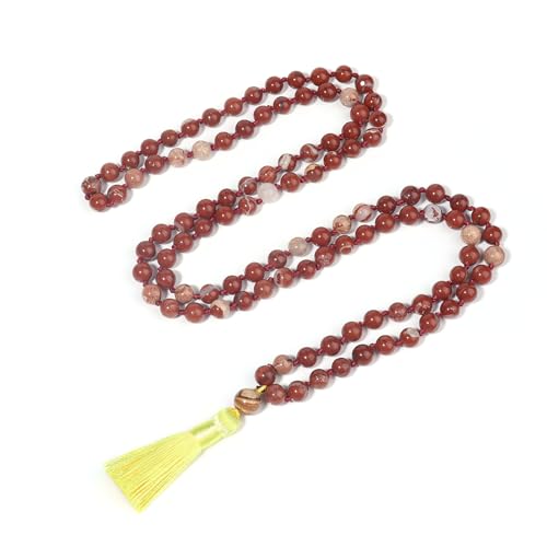 8MM Beads Chakra Long Mala Necklace Natural Stone Meditation Statement Necklace Japa Yoga Buddhist Rosary Prayer Charm Beaded Tassel Necklace - color: Redstone