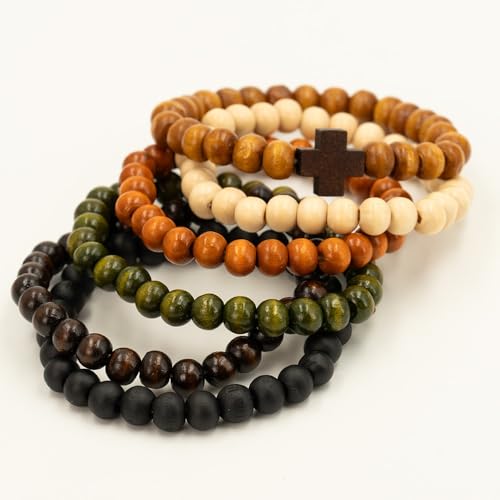 6-Piece Stack, Cross Bangle Wooden Bead Bracelet Set - Beaded Bracelets for Women Men 8mm Round Beaded Stretch Bracelets Unisex Yoga Bracelet