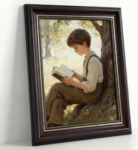 Vintage dark brown Framed Boys Books Canvas Wall Art Inspirational Kids Educational Wall Decor Picture Boys Reading Under A Tree Poster Print for Children'S Room Living Room Bedroom Home Decoration - color: Boys' Books, size: 11"L x 9"W