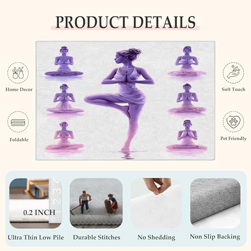 Yoga Poses 8x8 Area Rug - Washable & Non Slip 8' Square Silhouette Rugs, Soft Low Pile Large Accent Carpet - Zen Meditation Rug for Living Room, Bedroom, Dining Room, Office, Home Decor - Soft Purple