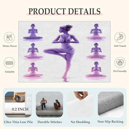 Yoga Poses 8x8 Area Rug - Washable & Non Slip 8' Square Silhouette Rugs, Soft Low Pile Large Accent Carpet - Zen Meditation Rug for Living Room, Bedroom, Dining Room, Office, Home Decor - Soft Purple