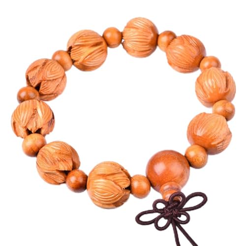 JAJAFOOK Unisex's Peach Wood Lotus Carving Beads Bodhi Tibetan Buddhist Prayer Wrist Mala Bracelet